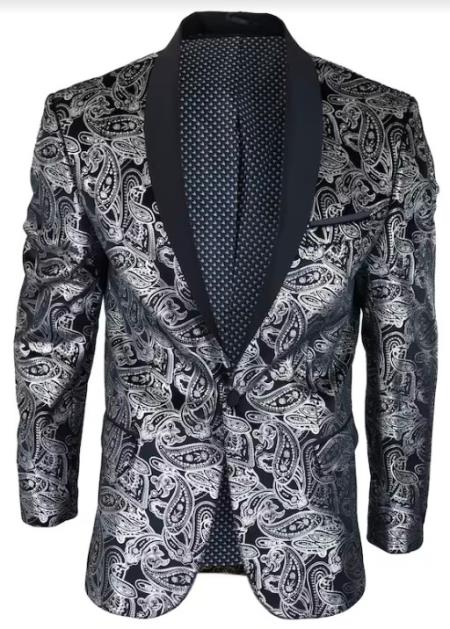 Silver Paisley Suit - Floral Suit - Solid Black Pants + Bowtie