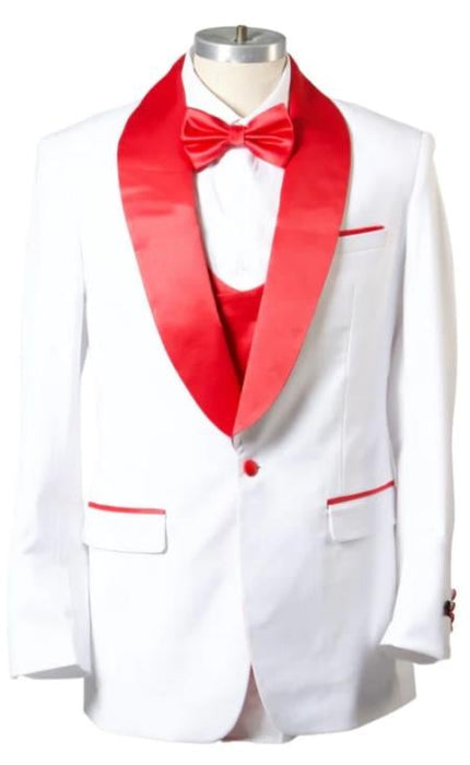 1 Button Shawl Lapel Tuxedo with Vest White and Red