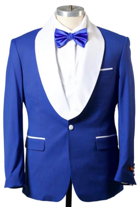 1 Button Shawl Lapel Tuxedo with Vest Royal and White