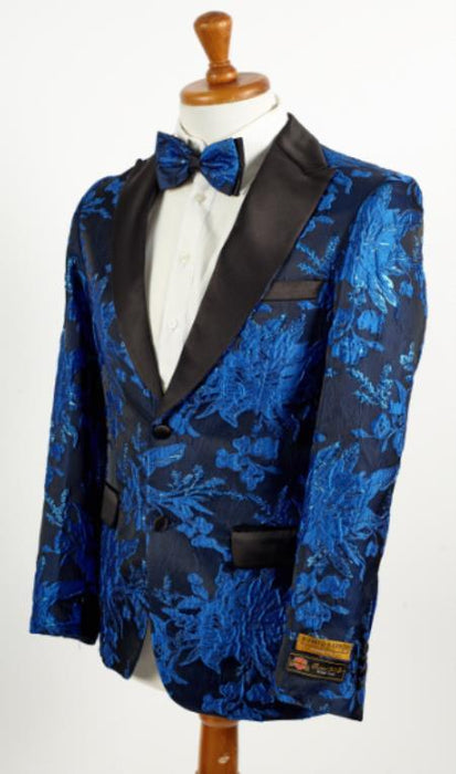 Big and Tall Tuxedo Jacket - Blue ~ Black Paisley Floral Blazer