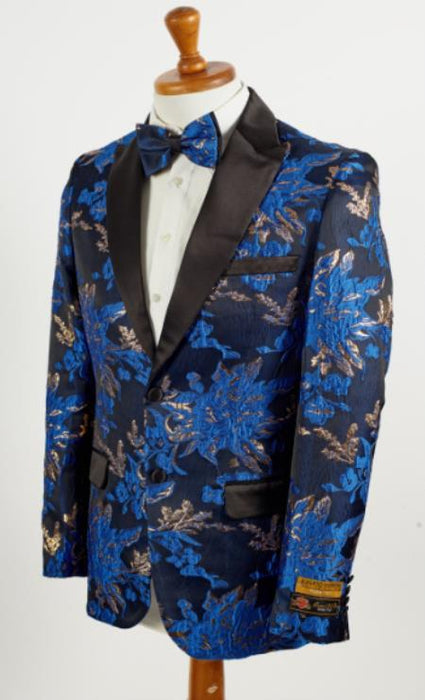 Big and Tall Tuxedo Jacket - Blue ~ Black Paisley Floral Blazer