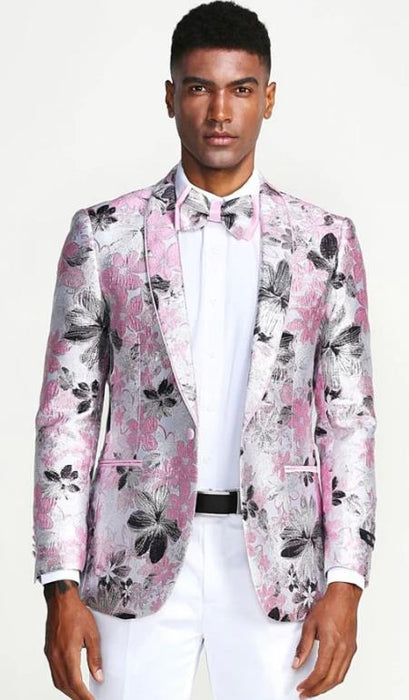 Pink Black and Silver Floral Tuxedo Jacket Slim Fit