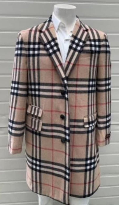 Mens Plaid Overcoat - Checkered Carcoat - 100% Wool Three Quarter Peacoat