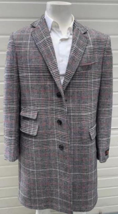 Mens Plaid Overcoat - Checkered Carcoat - 100% Wool Three Quarter Peacoat