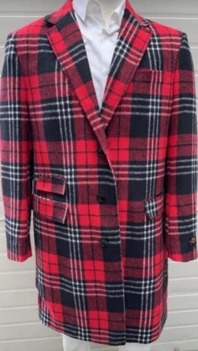 Mens Plaid Overcoat - Checkered Carcoat - 100% Wool Three Quarter Peacoat