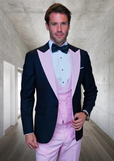 Mens Wool Vested Wide Contrast Peak Wedding Tuxedo in Black - Pink