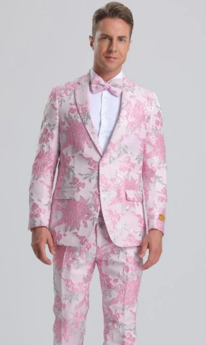 Mens Pink and Silver Floral Paisley Prom Tuxedo