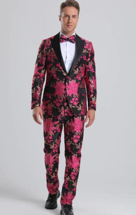 Mens Fuchsia Pink and Black Floral Paisley Prom Tuxedo