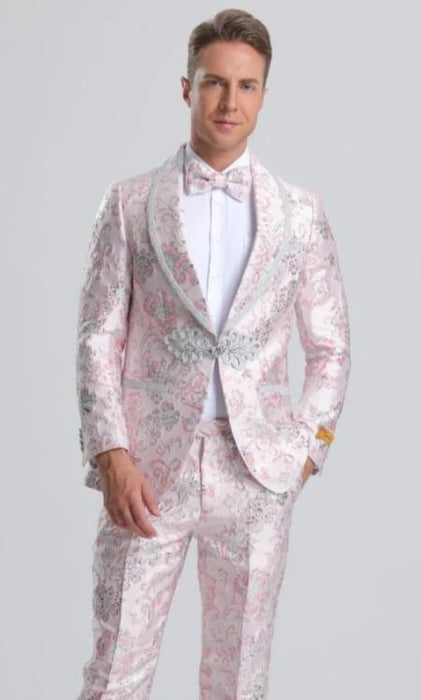 Mens Fancy Pink Floral Paisley Prom Tuxedo with Silver Trim