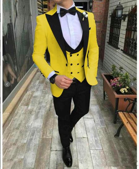 Mens One Button Notch Lapel Suit Yellow