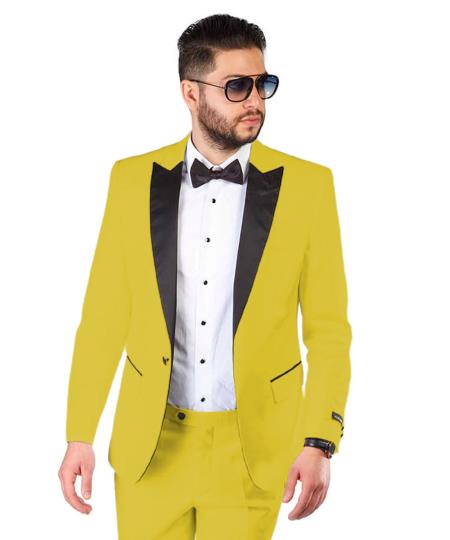 Mens One Button Notch Lapel Suit Yellow