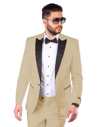 Mens One Button Notch Lapel Suit Tan