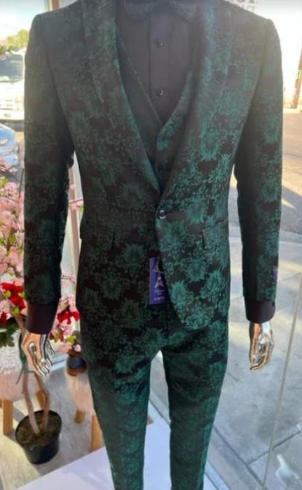 Mens Prom Tuxedo Paisley Suit - Wedding Floral Suit- Hunter - Emerald Green Wedding Jacket + Vest + Pants