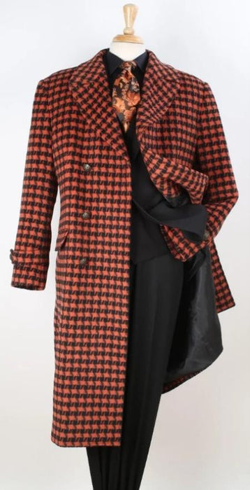 Mens Full Length Top Coat - Wide Fashion Lapel - Rust Houndstooth