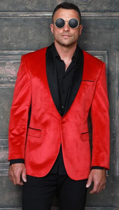 Mens Modern Fit Velevet Blazer with Stone Red ~ Black