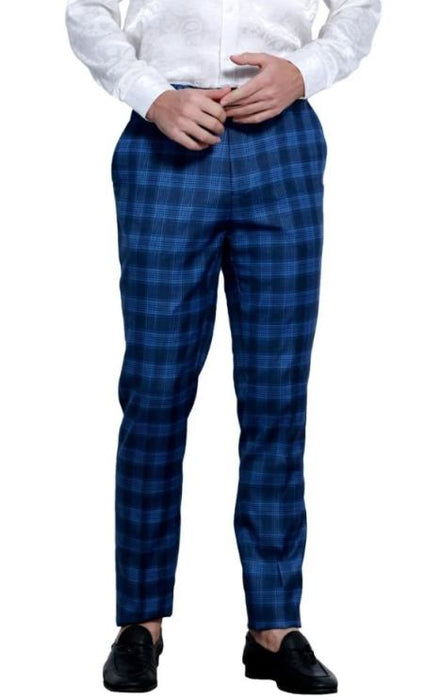 Mens Skinny Fit Pants - Glen Checker - Blue Dress Pants