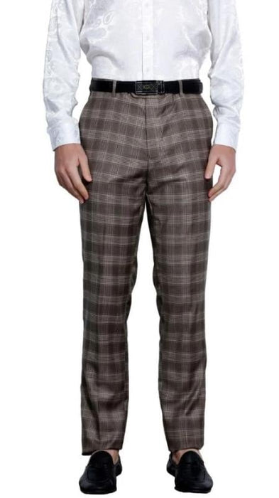 Mens Skinny Fit Pants - Glen Checker - Coffee Dress Pants