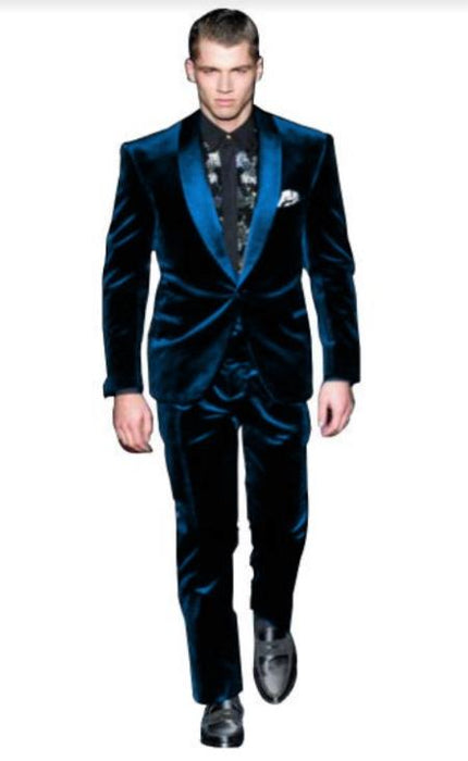 Men's High Fashion Indigo Shawl Lapel Velvet Suit + Velvet Pants