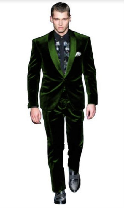 Men's High Fashion Dark Olive Green Shawl Lapel Velvet Suit + Velvet Pants