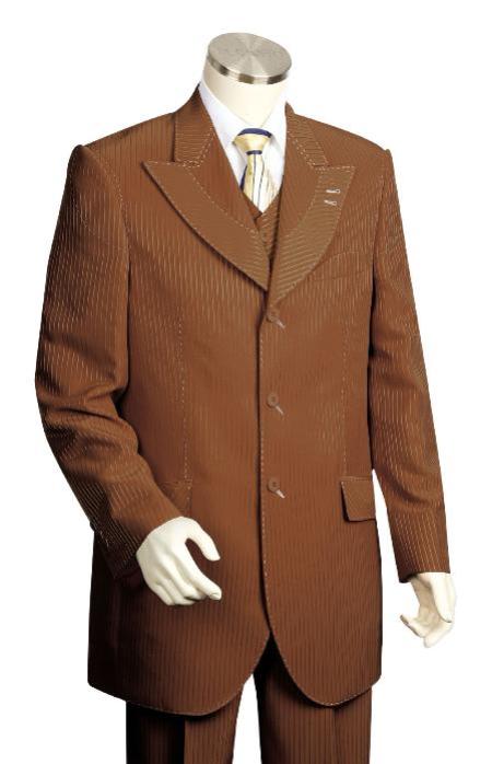 minute brown pinstripe pattern ~ poly rayon blend men’s 3 piece vested brown unique exclusive fashion suit mensusa